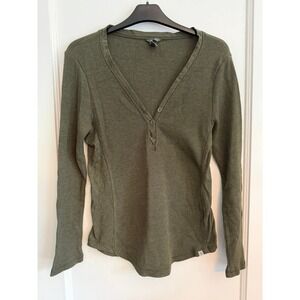 Eddie Bauer Henley Top Women Small Green Waffle Knit Long Sleeve V-Neck Casual
